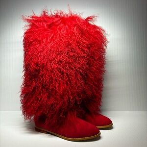 Rava Avis IRIS APFEL Red Suede Mongolian Fur Knee High Boots